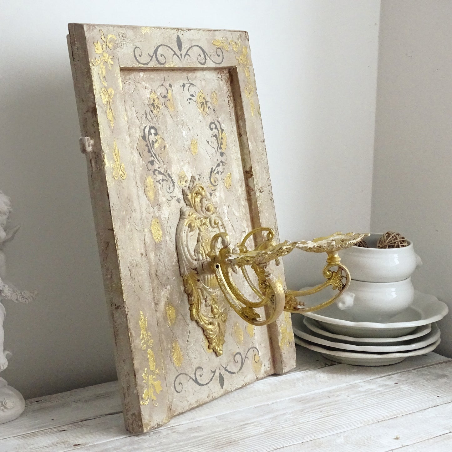 Antique Wall Iron Candle Sconce on Wooden Plaque