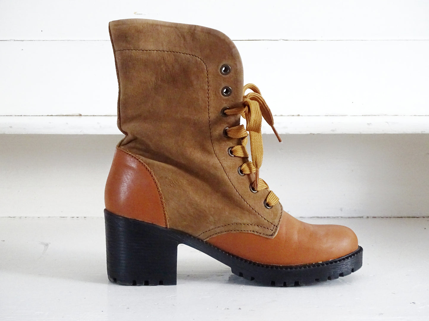 Brown Suede Leather Ankle Boots, Orange Faux Leather, Lace Up, Chunky Heel, Cowboy Style