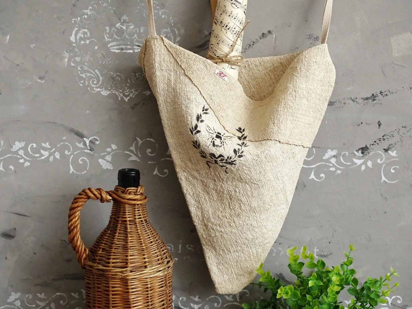Cone Linen Wall Pocket, Antique Grain Sack Rustic Storage Bag