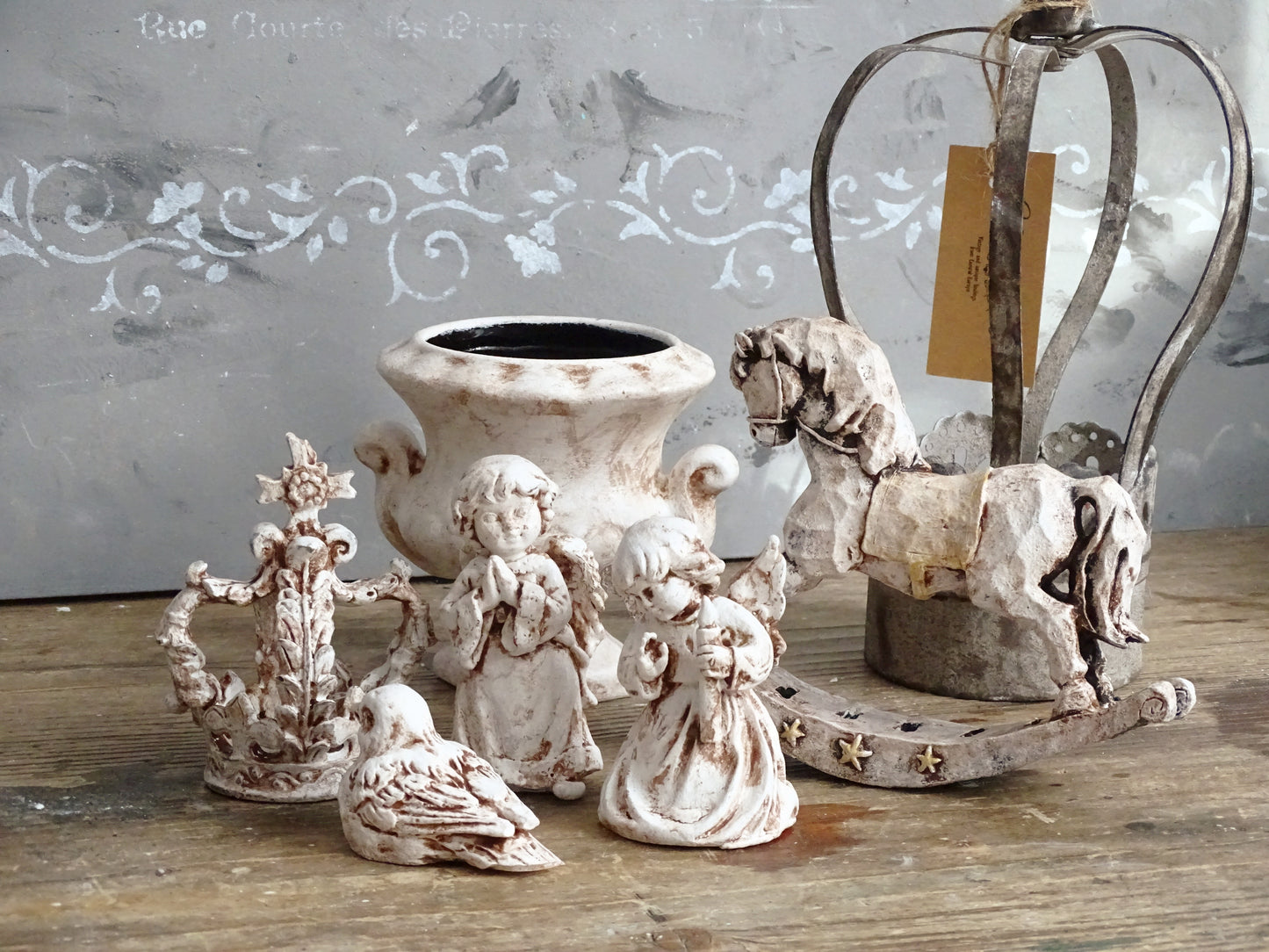 Aged Figurine Cherub, Crown, Rocking Horse, Bird, Urn Vase, Shabby Chic Decor