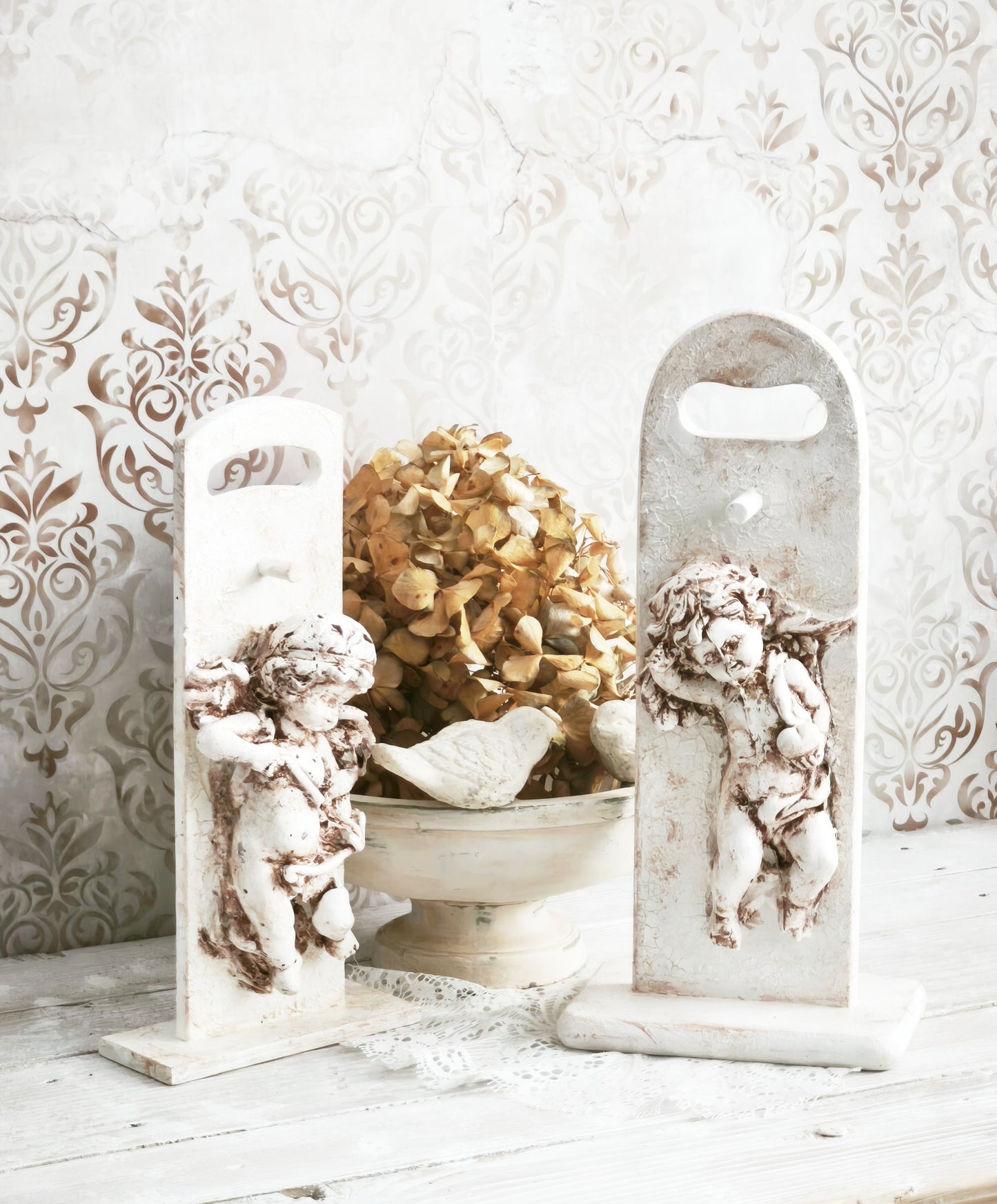 Plaster Cherub Sculpture on Stand, Chalkware Angel Statue