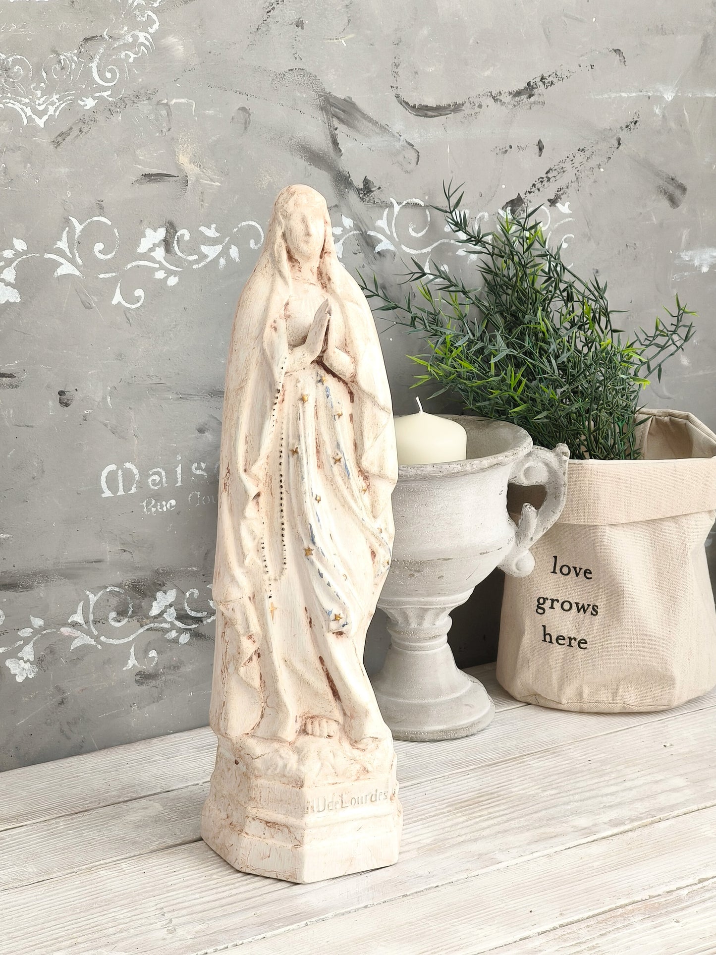 Vintage French Chalkware Madonna Statue, Plaster Virgin Mary Sculpture