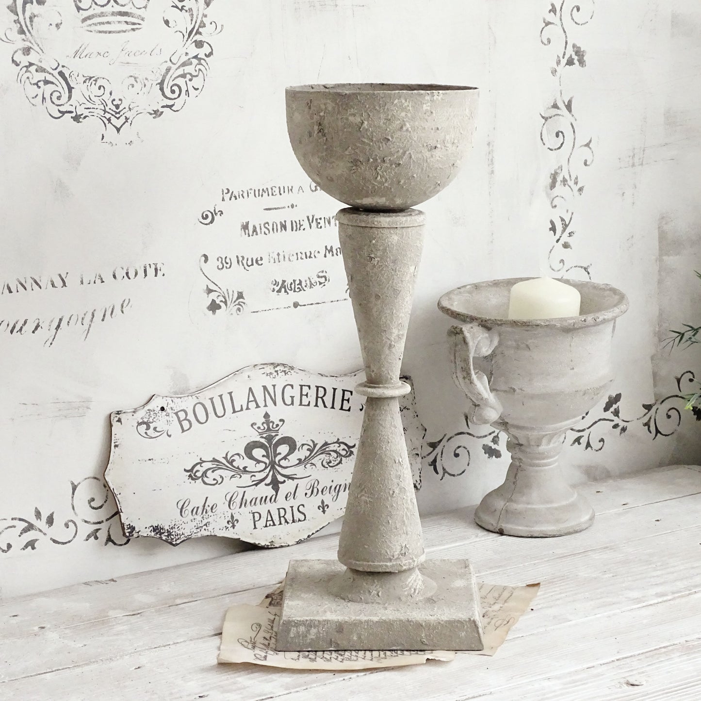 Metal Trophy Urn Vase Stone Effect, Gray Distressed, Shabby Chic Pedestal Plant Pot