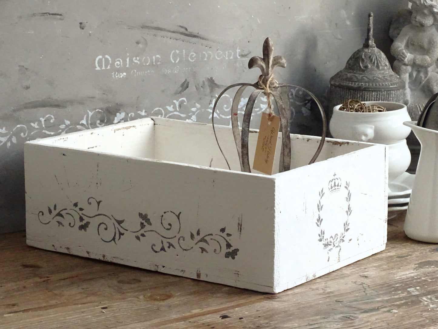 Distressed White Wood Storage Box, Crate: French Country Shabby Chic