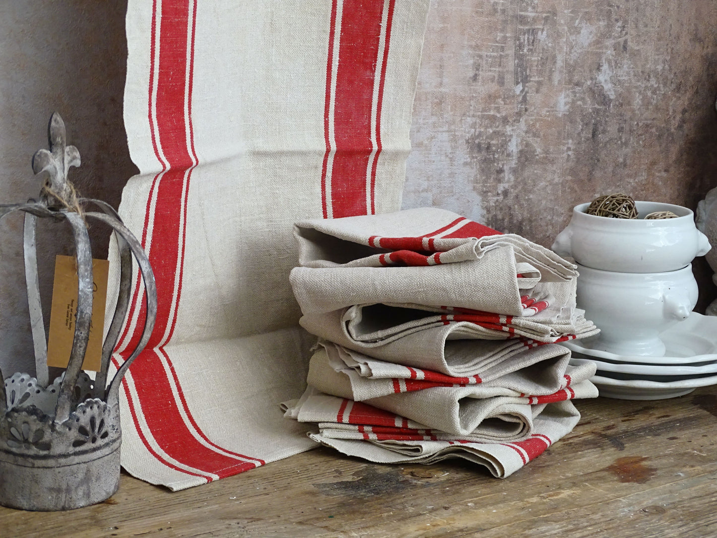 Set Of 2 Antique French Linen Tea Towels: Red Stripes, Unused 1900s Torchon