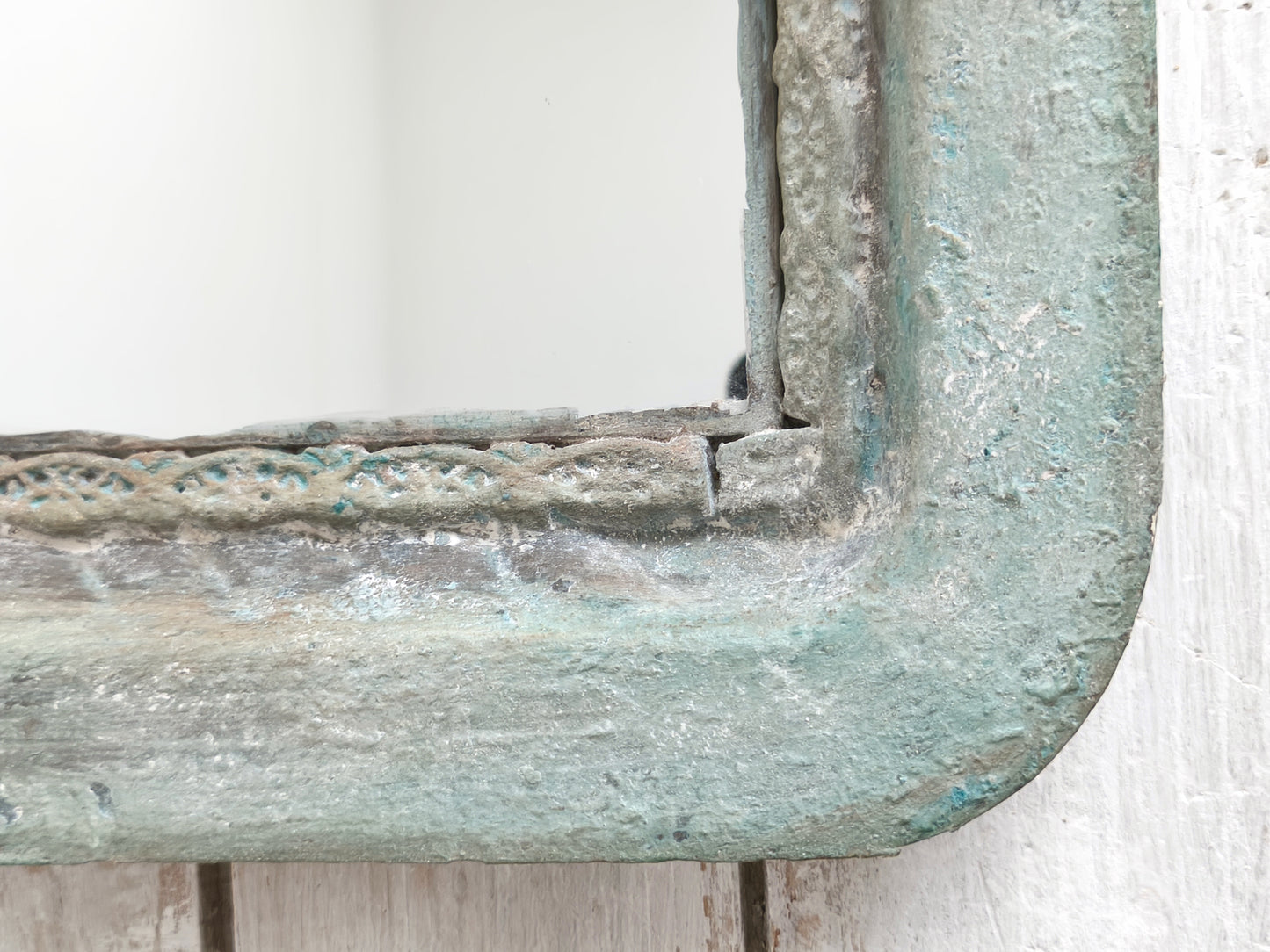Romantic Blue Metal Wall Mirror With Floral Details And Hanging Ribbon, Distressed Shabby Chic Home Decor
