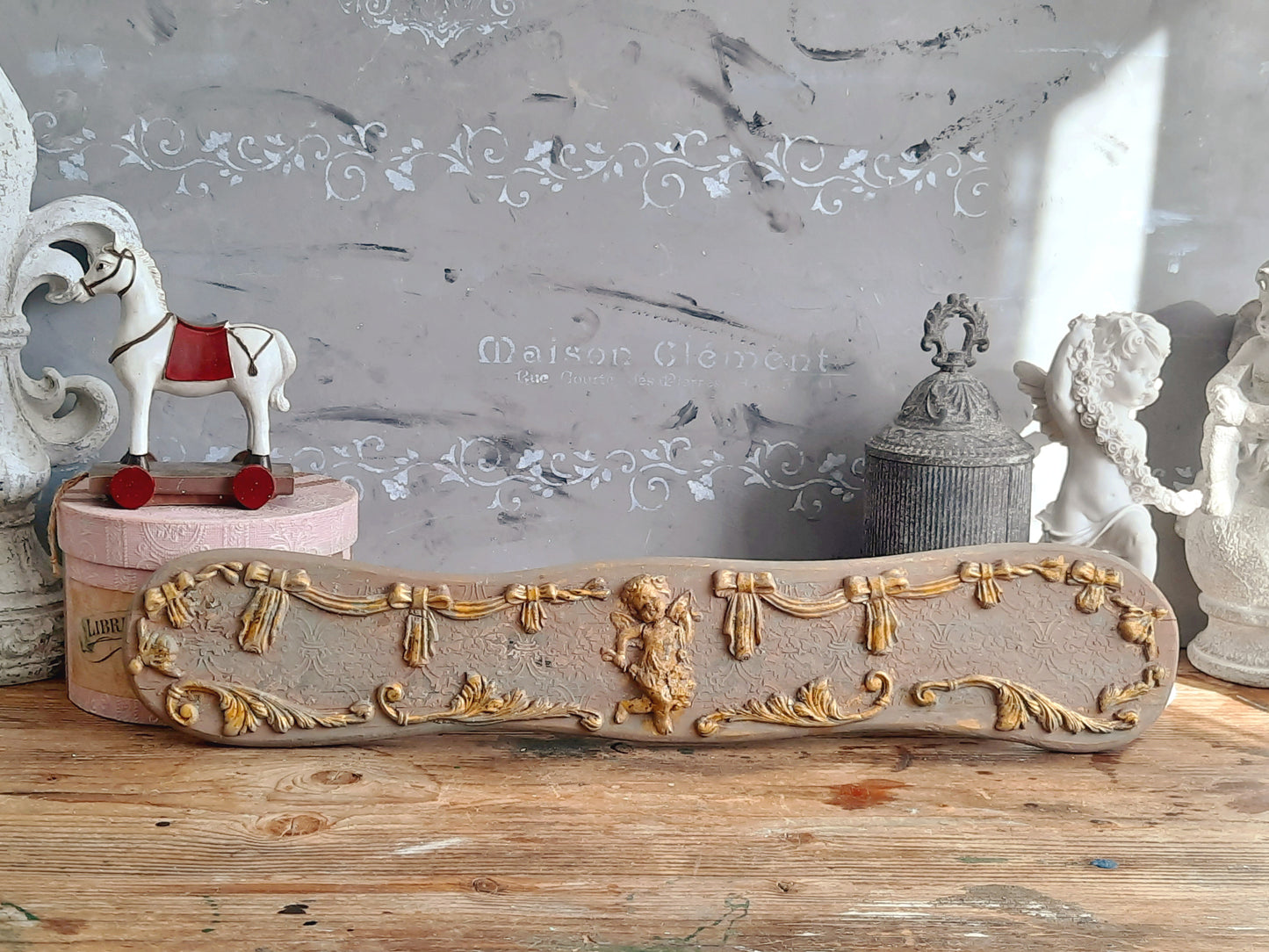 Cherubs Wood Wall Plaque, French Decor Panel Above Door