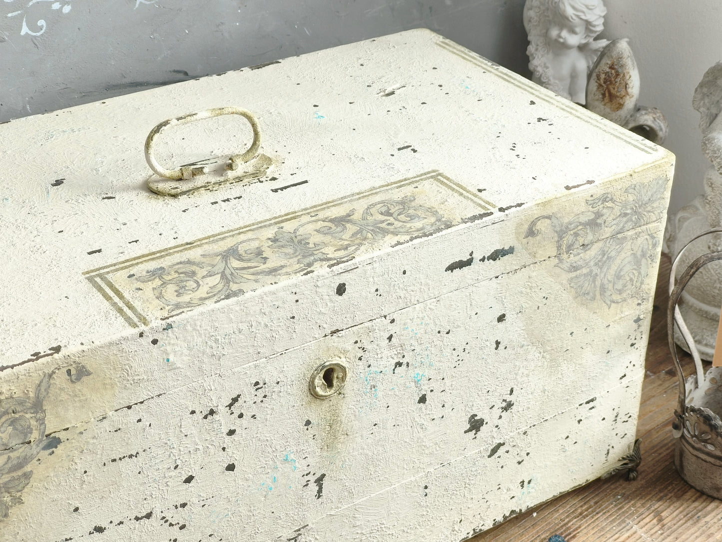 Antique Creamy Wooden Trunk Chest, Distressed Furniture