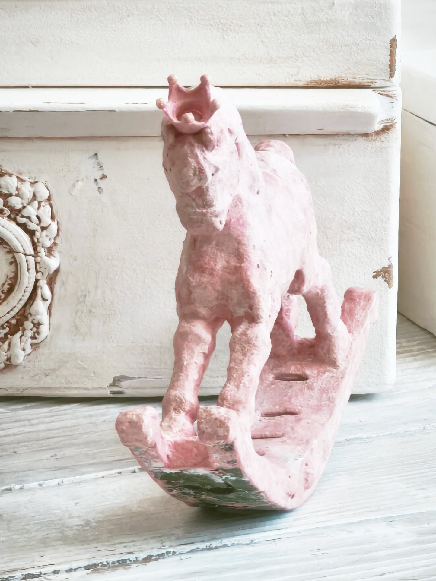Pink Crowned Rocking Horse Figurine, Distressed Resin Sculpture, Shabby Chic Decor