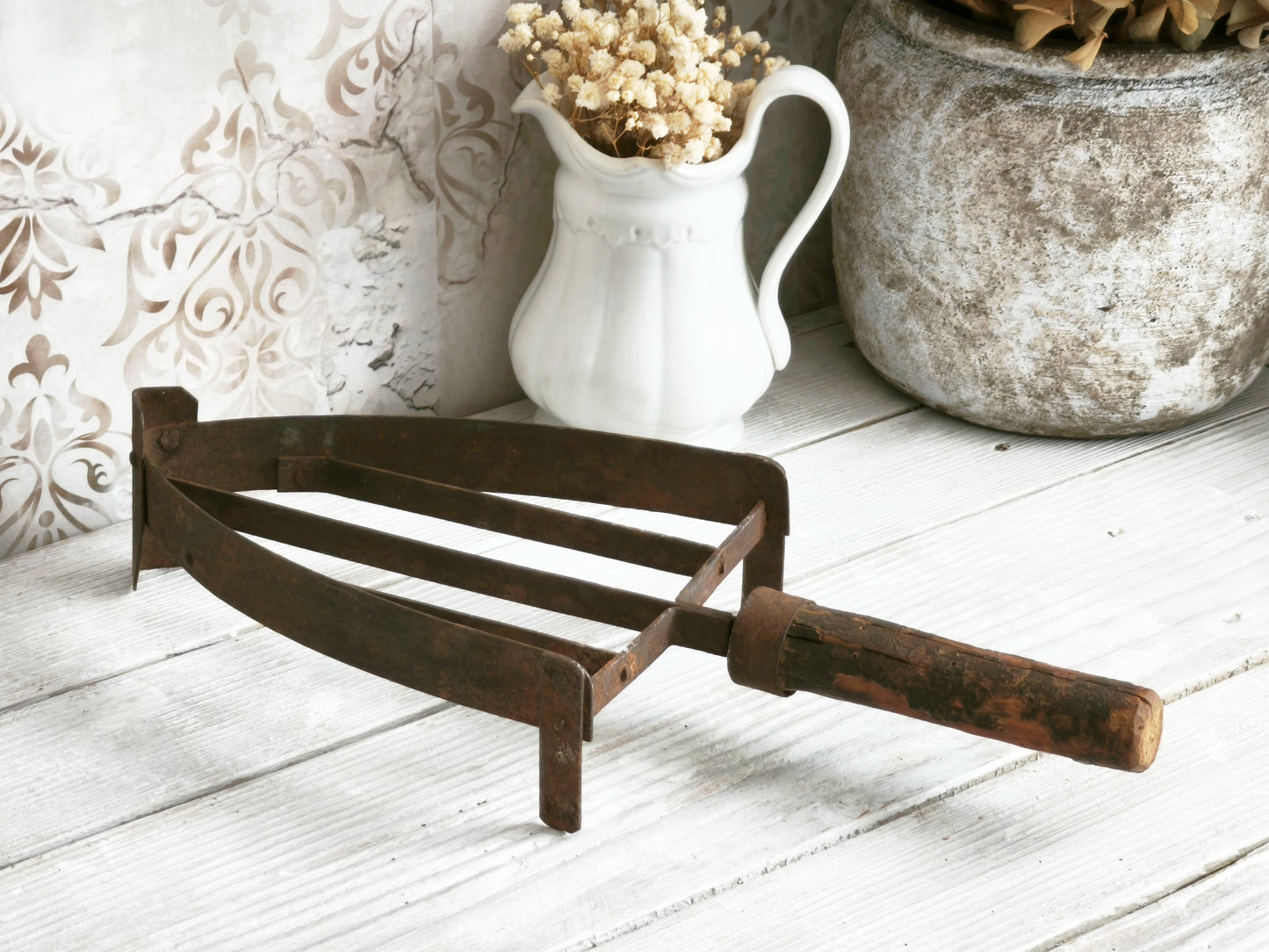 Antique Hand Forged Iron Trivet Wooden Handle