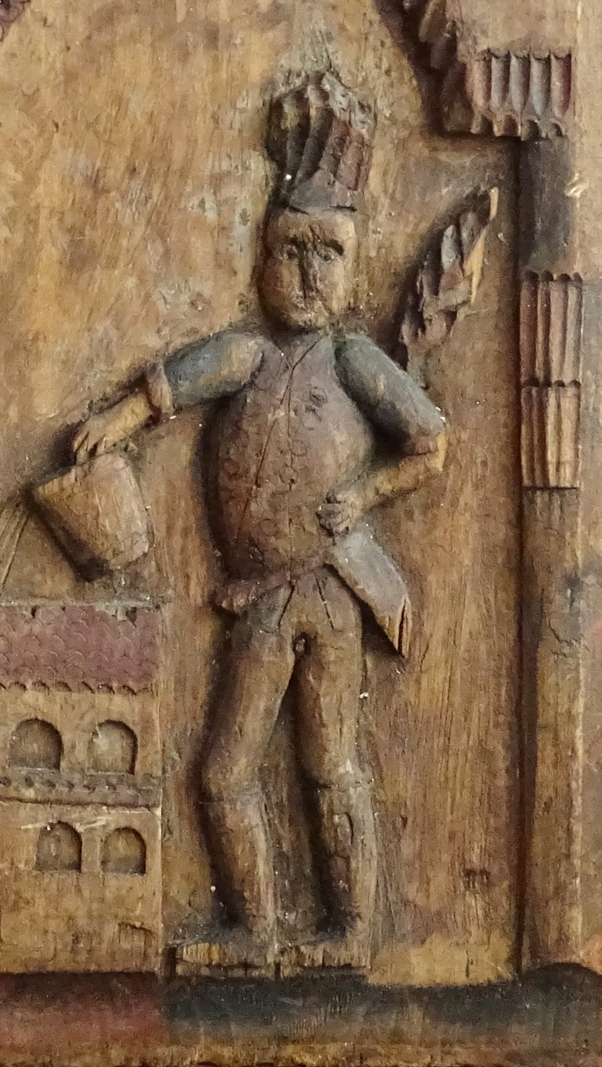 Saint Florian Hand Carved Wooden Panel, Rustic Primitive Carving Folk Art Plaque
