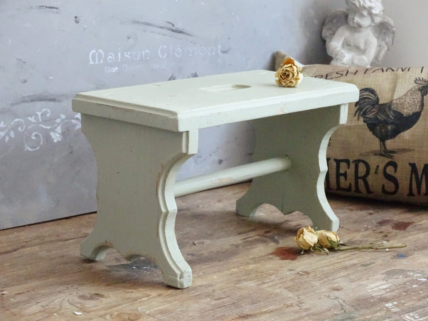 Distressed Green Wood Step Stool, Primitive Farmhouse Milking Stool, Plant Stand Bench