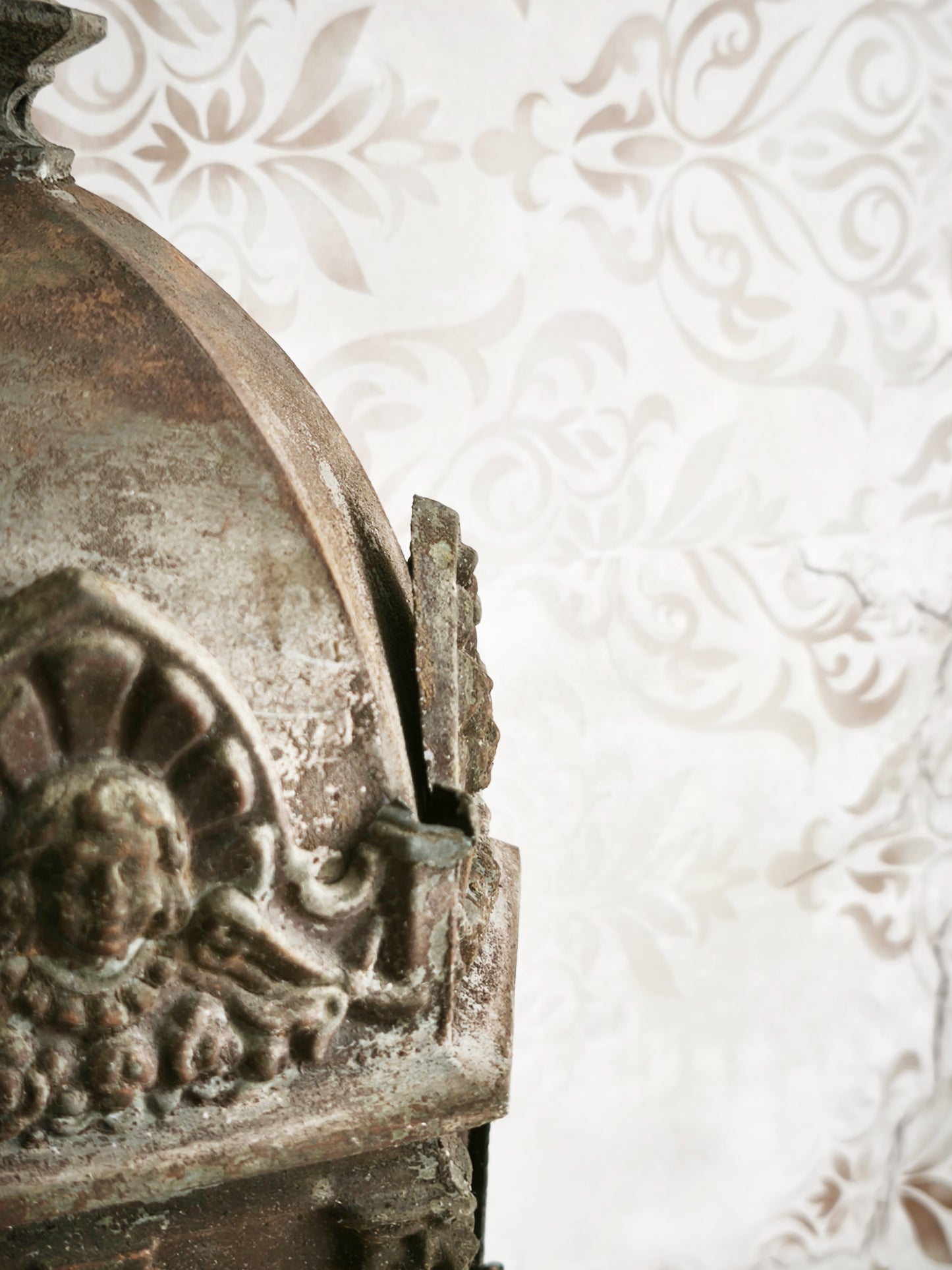 Antique Metal Church Candle Lantern Frosted Glass Windows, 1850s