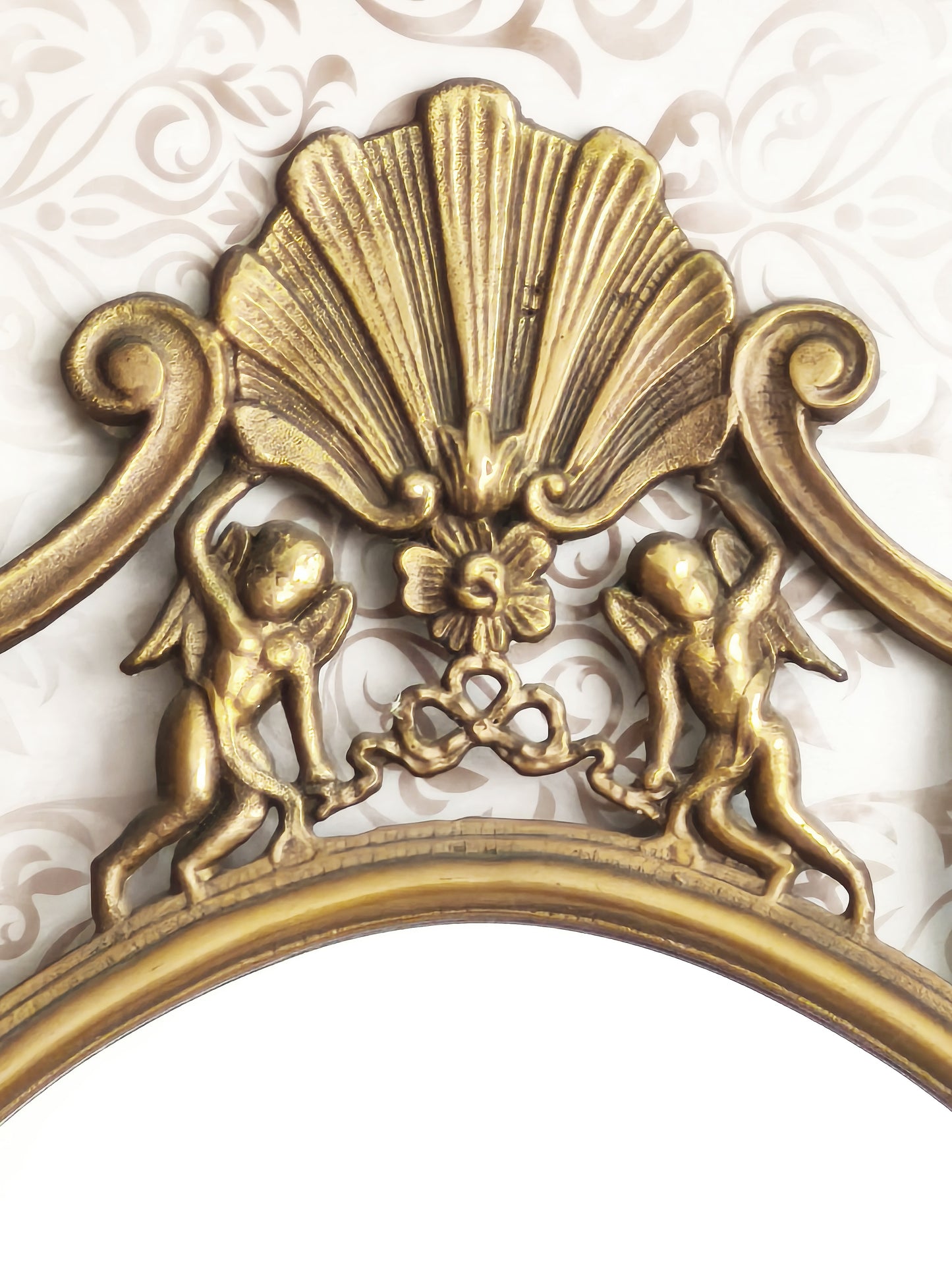 Large Antique Brass Wall Mirror With Cherubs, Oval Ornate Rocaille Design