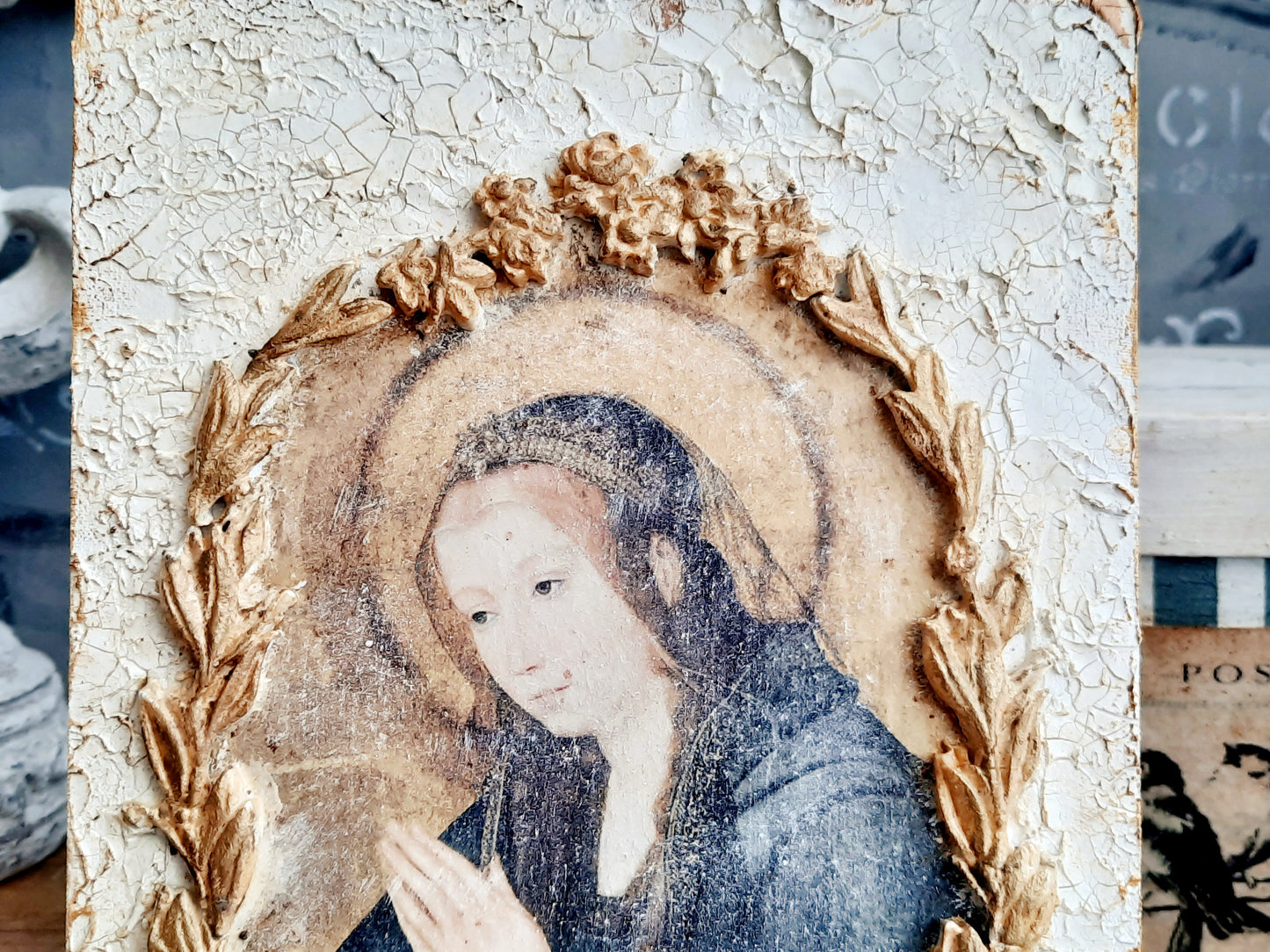 Holy Mary Icon Plaque, Handmade French Decor