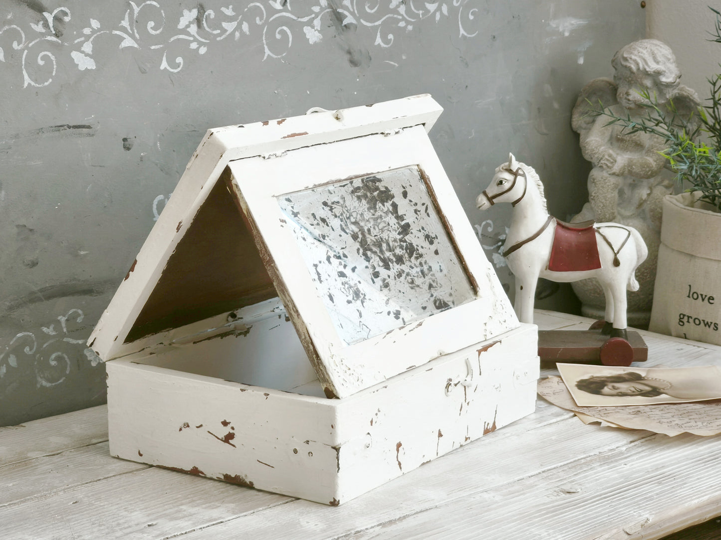 Antique Mirrored White Jewelry Wooden Box