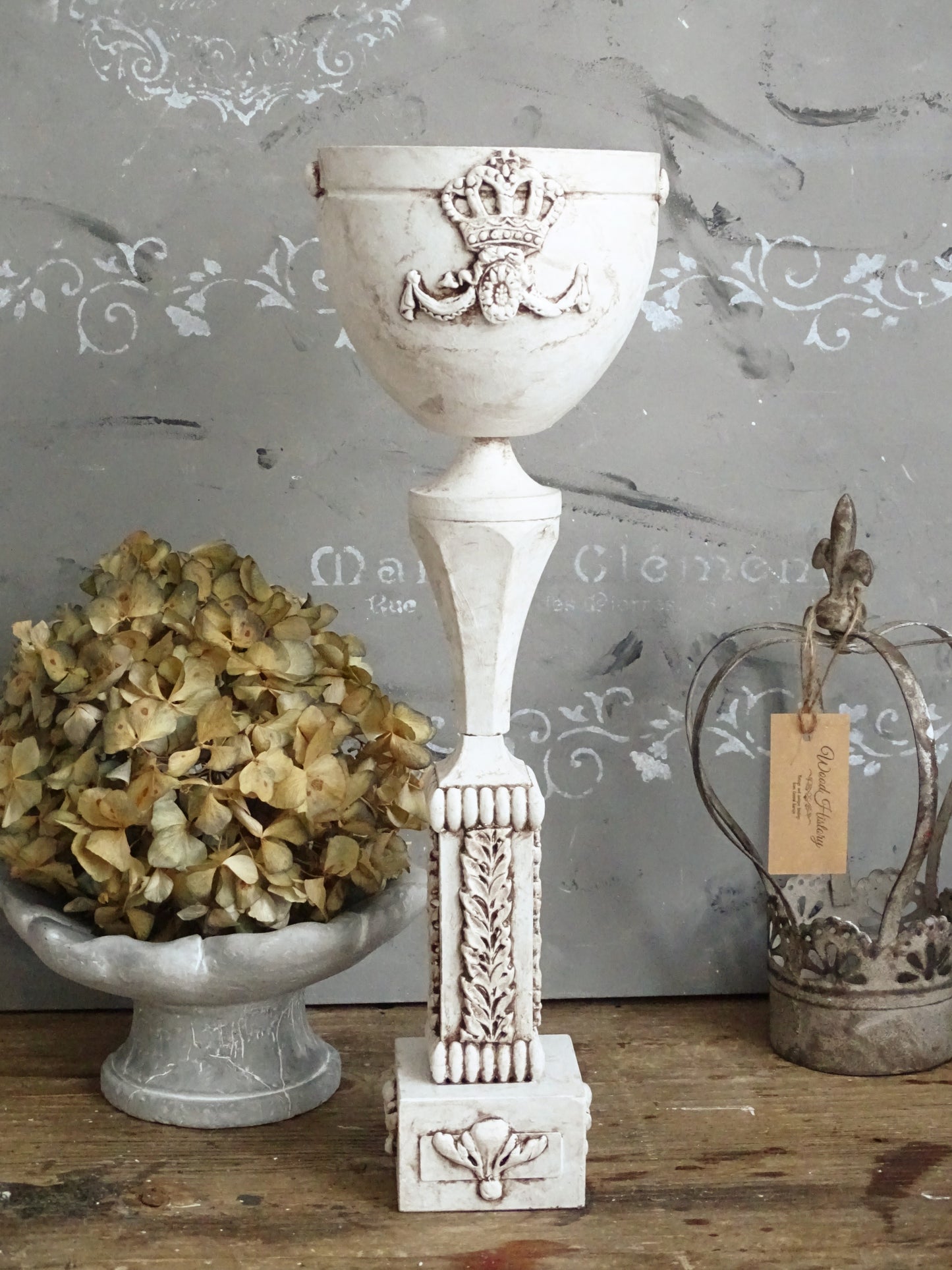White Decorative Metal Urn Vase, Shabby Chic Decor