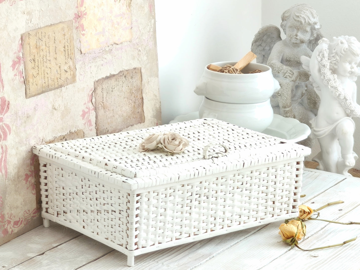 White Wicker Basket with Roses, Lidded Box
