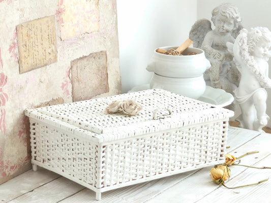 White Wicker Basket with Roses, Lidded Box