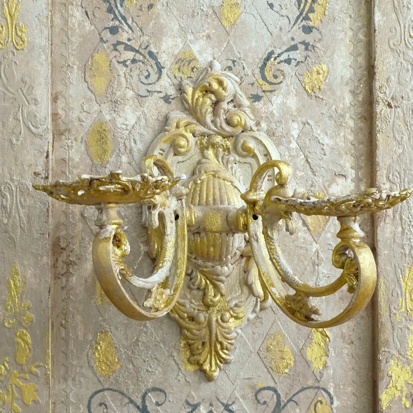 Antique Gilded French Wrought Iron Double Candle Sconce, Shabby Chic Wall Holder
