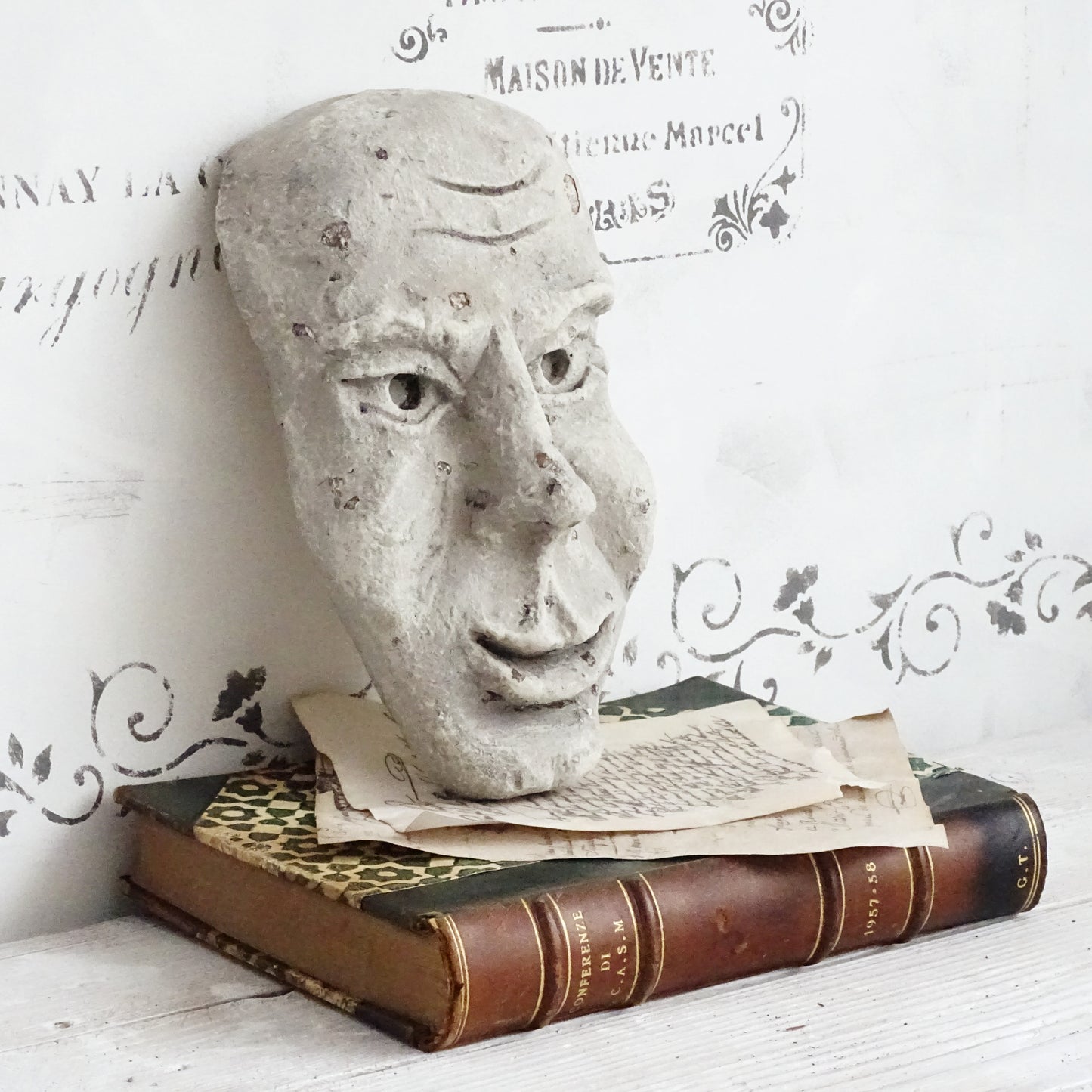 Grotesque Plaster Face Wall Sculpture, Distressed Creepy Portrait Mask Human Face, Head