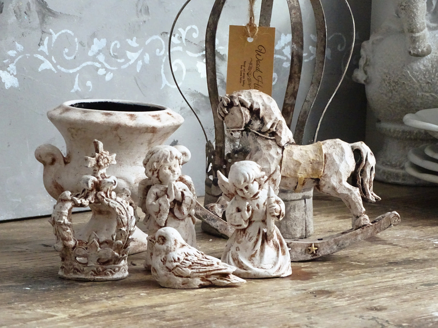 Aged Figurine Cherub, Crown, Rocking Horse, Bird, Urn Vase, Shabby Chic Decor