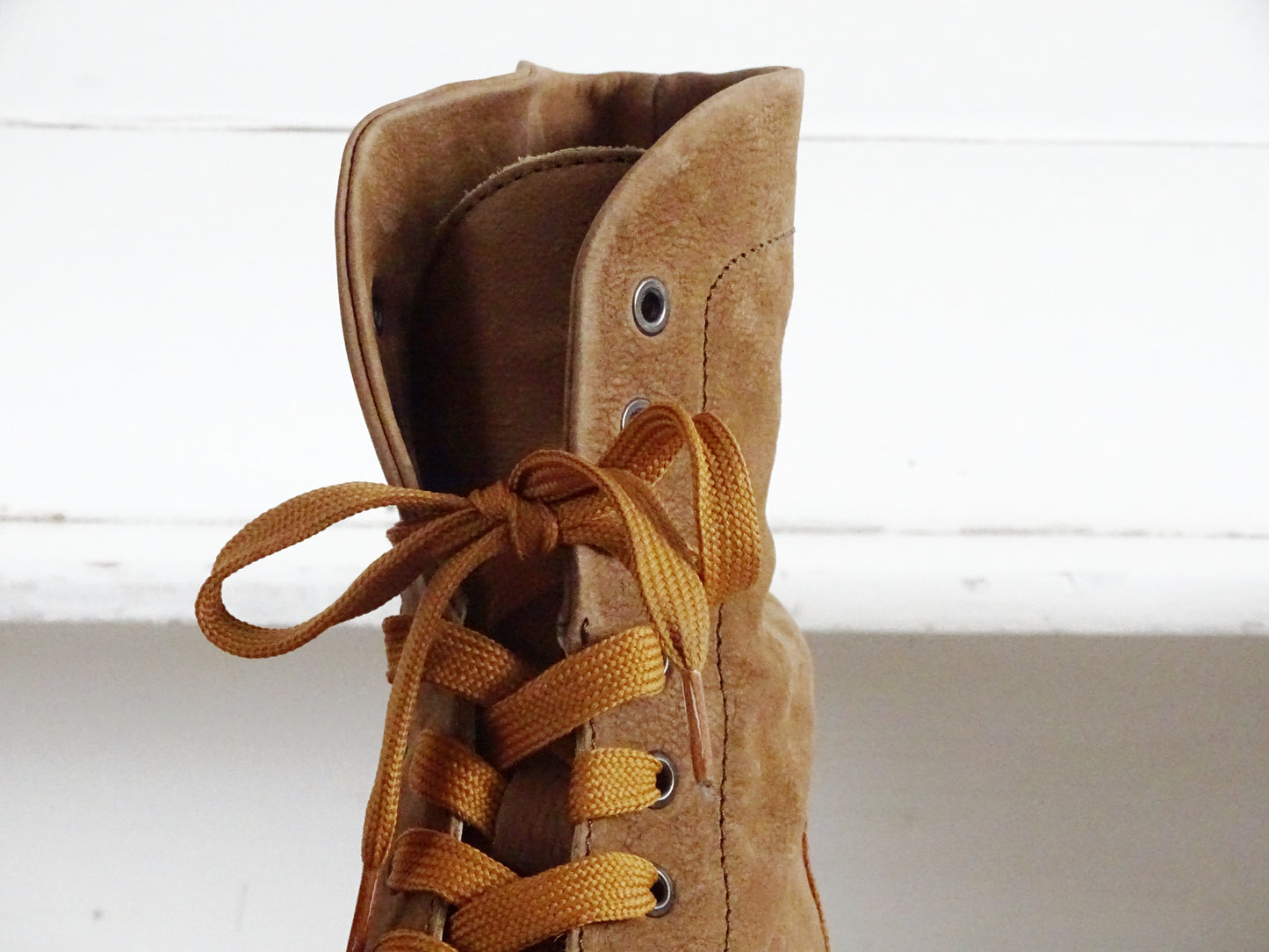 Brown Suede Leather Ankle Boots, Orange Faux Leather, Lace Up, Chunky Heel, Cowboy Style