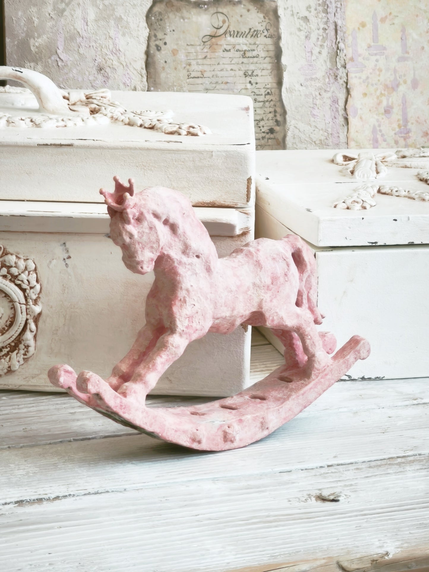 Pink Crowned Rocking Horse Figurine, Distressed Resin Sculpture, Shabby Chic Decor