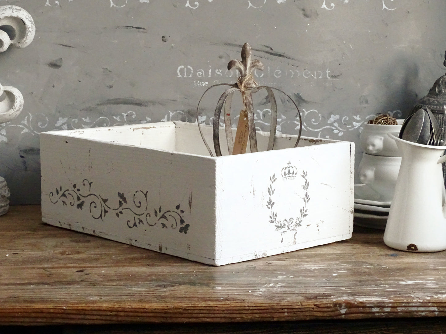 Distressed White Wood Storage Box, Crate: French Country Shabby Chic
