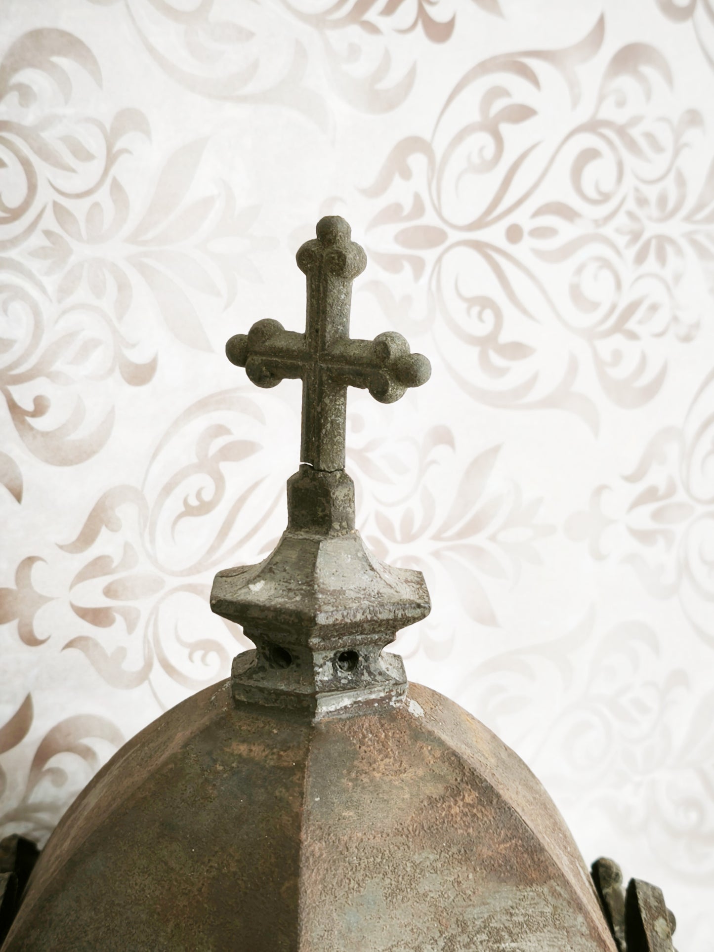 Antique Metal Church Candle Lantern Frosted Glass Windows, 1850s