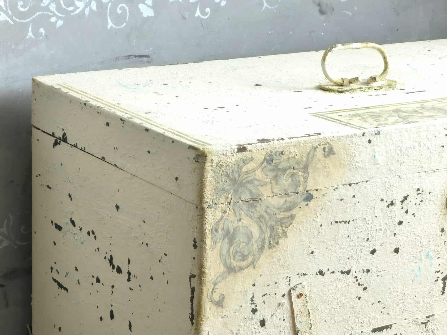 Antique Creamy Wooden Trunk Chest, Distressed Furniture