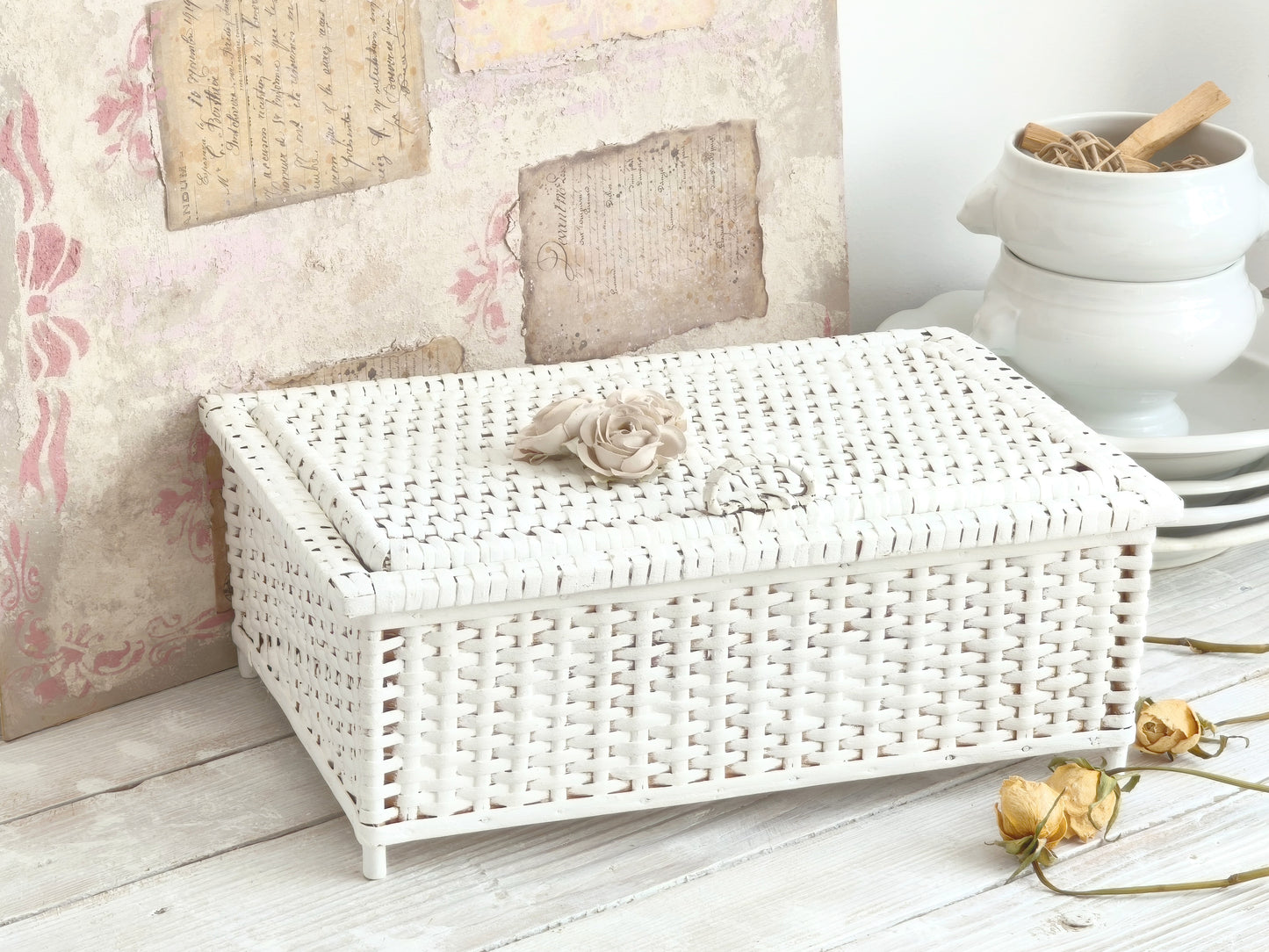 White Wicker Basket with Roses, Lidded Box