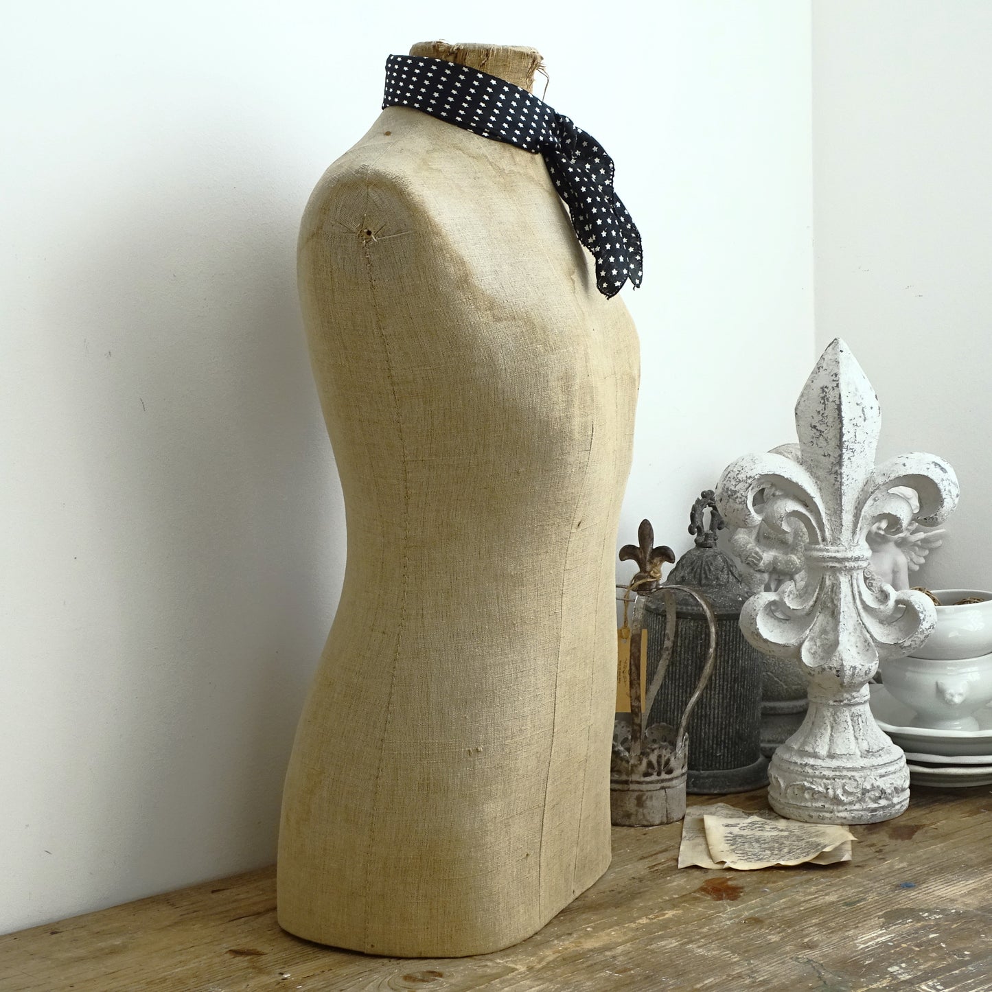 Antique French Mannequin: Tailor Dummy Female Dress Form, Oak Stand
