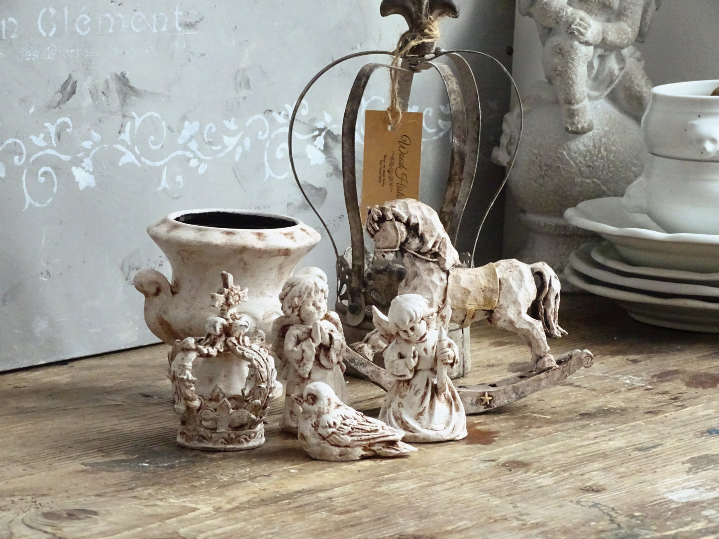 Aged Figurine Cherub, Crown, Rocking Horse, Bird, Urn Vase, Shabby Chic Decor