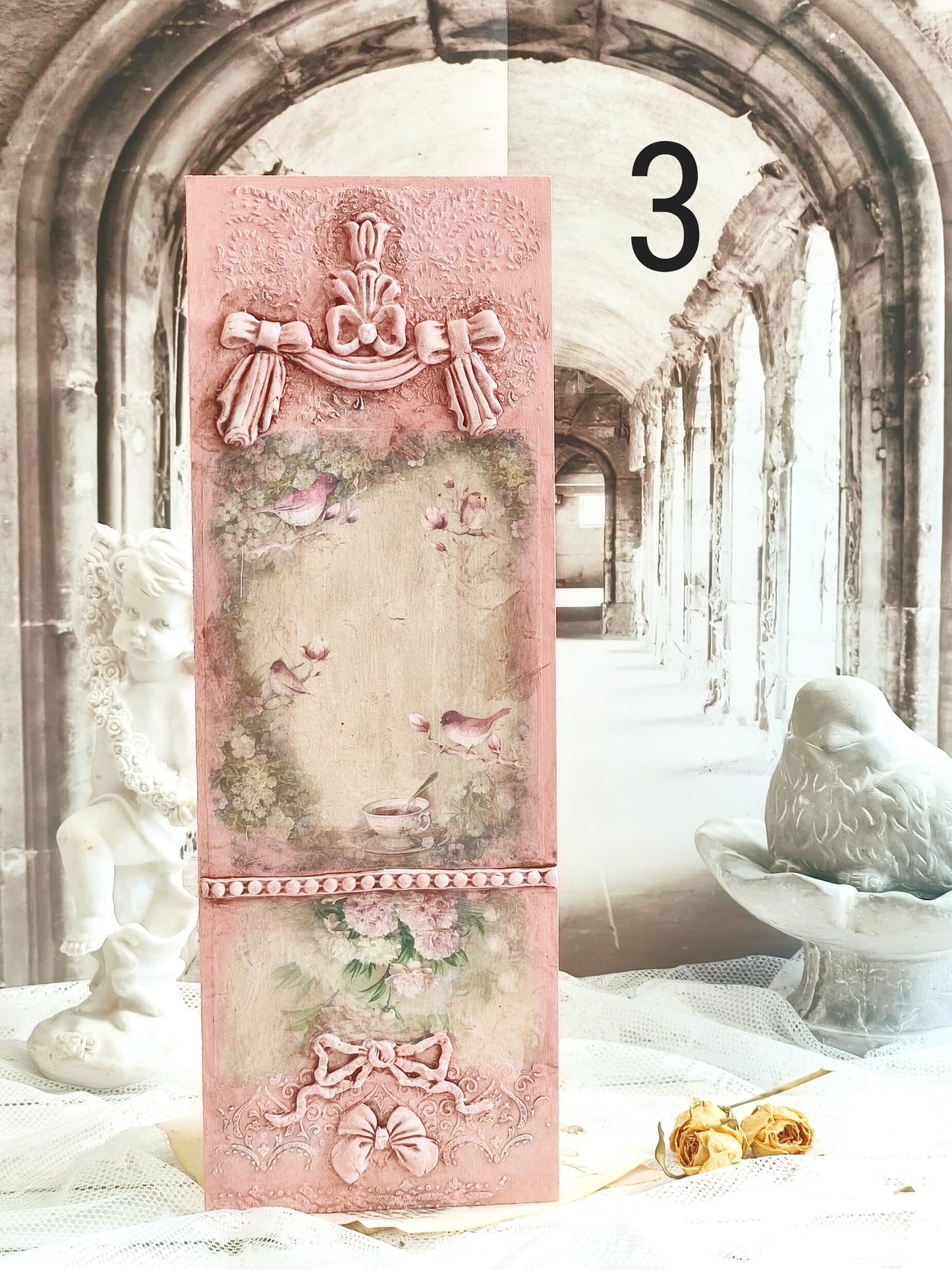 French Decor Wall Wooden Plaque with Birds and Roses