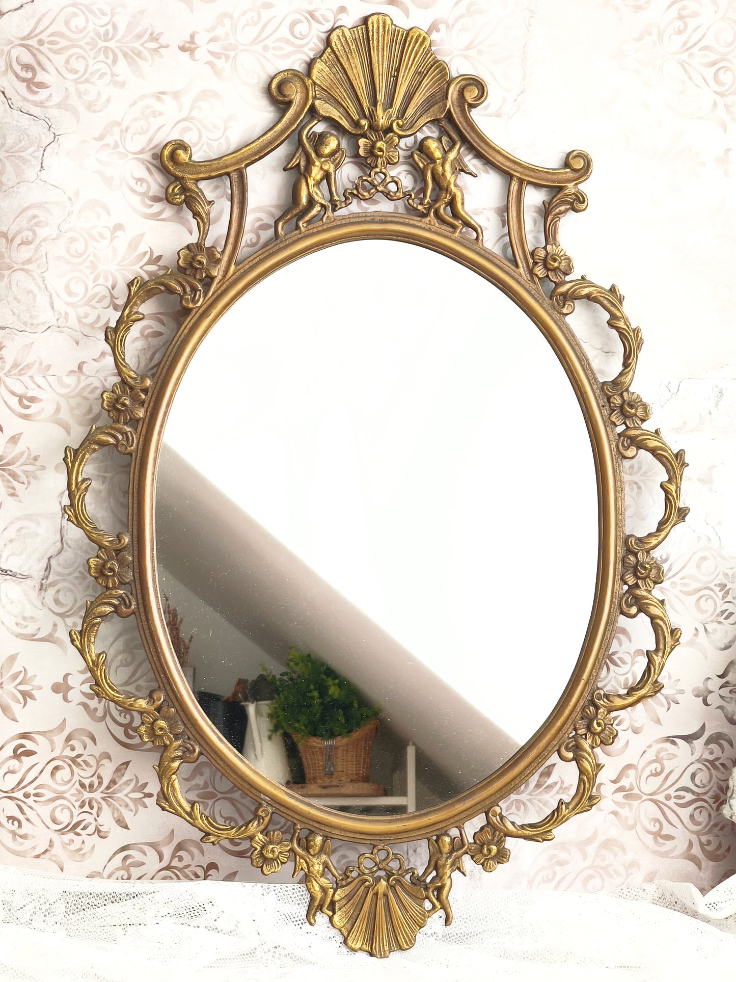 Large Antique Brass Wall Mirror With Cherubs, Oval Ornate Rocaille Design