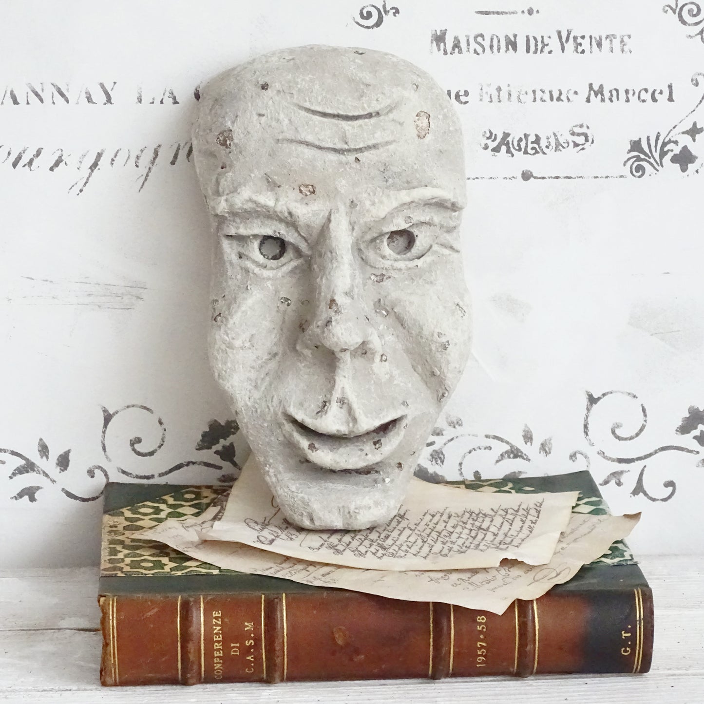 Grotesque Plaster Face Wall Sculpture, Distressed Creepy Portrait Mask Human Face, Head