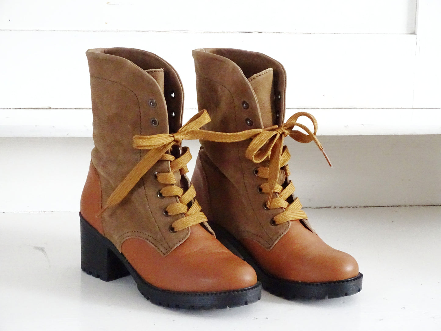 Brown Suede Leather Ankle Boots, Orange Faux Leather, Lace Up, Chunky Heel, Cowboy Style