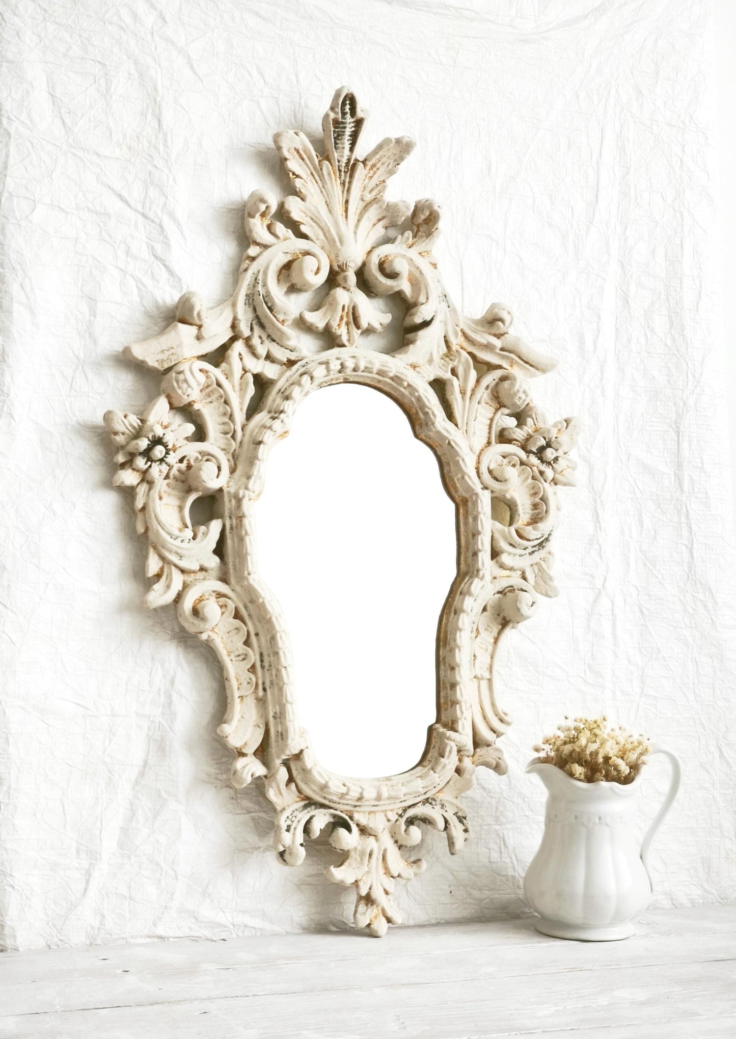 Large Carved Wood Wall Mirror, Framed Ornate Rocaille Distressed White Oval Vanity Boudoir Mirror, Statement Wall Decor