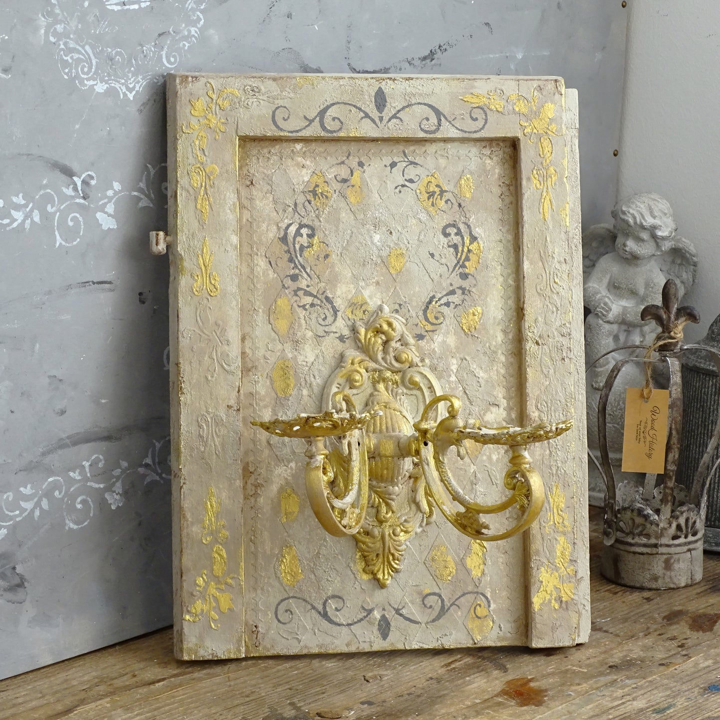 Antique Gilded French Wrought Iron Double Candle Sconce, Shabby Chic Wall Holder