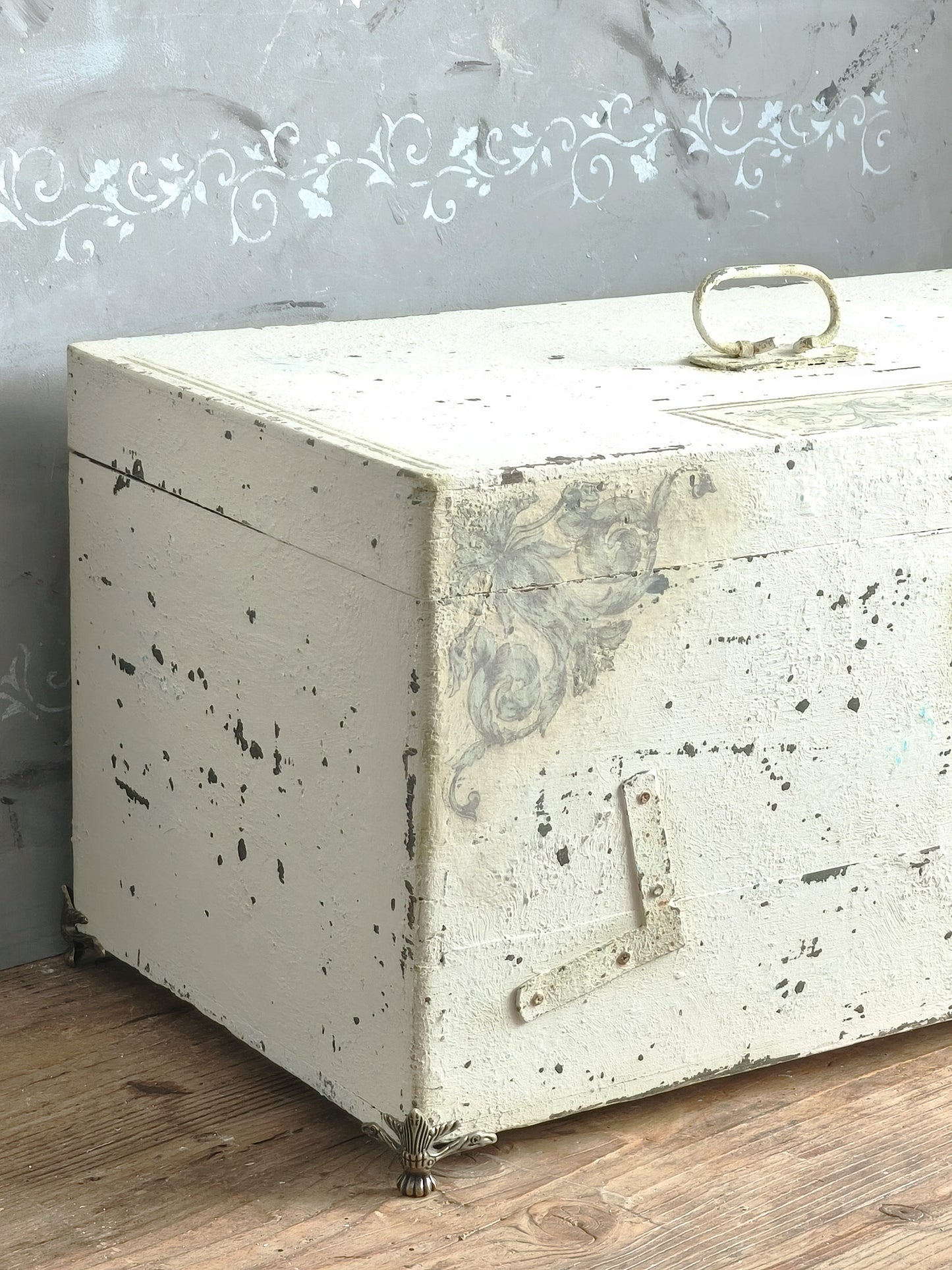 Antique Creamy Wooden Trunk Chest, Distressed Furniture