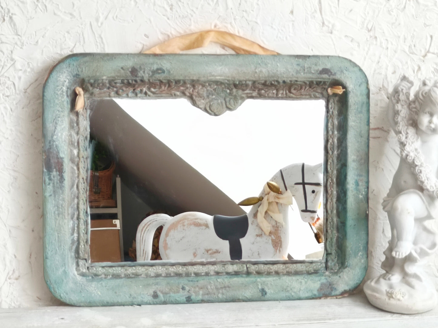 Romantic Blue Metal Wall Mirror With Floral Details And Hanging Ribbon, Distressed Shabby Chic Home Decor