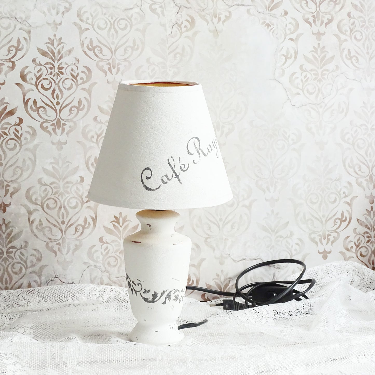 White Ceramic Table Lamp, White Shade, Shabby Chic