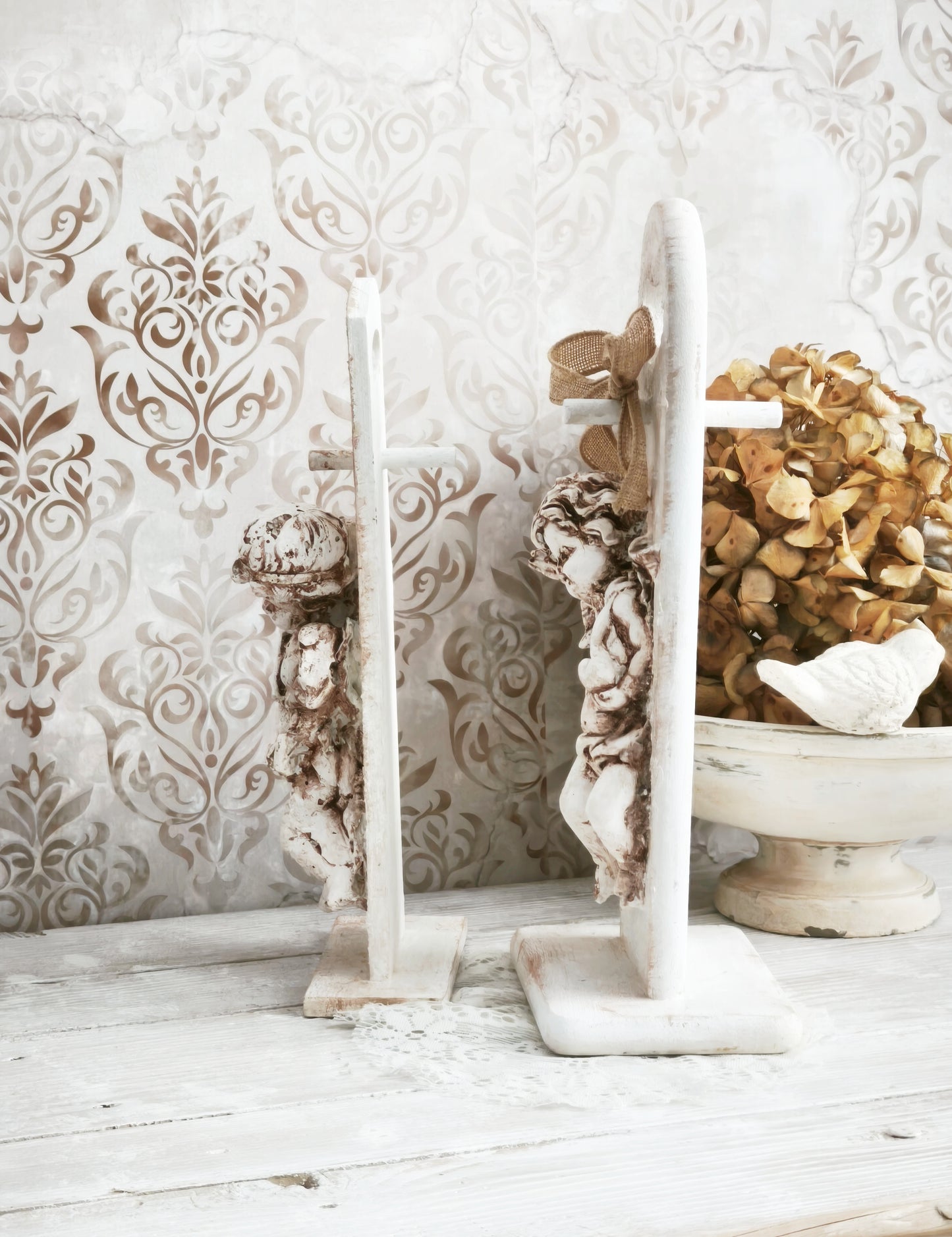 Plaster Cherub Sculpture on Stand, Chalkware Angel Statue