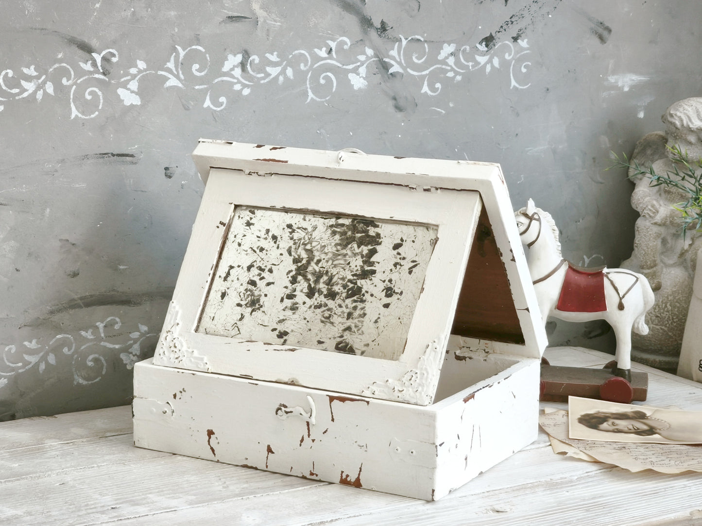 Antique Mirrored White Jewelry Wooden Box