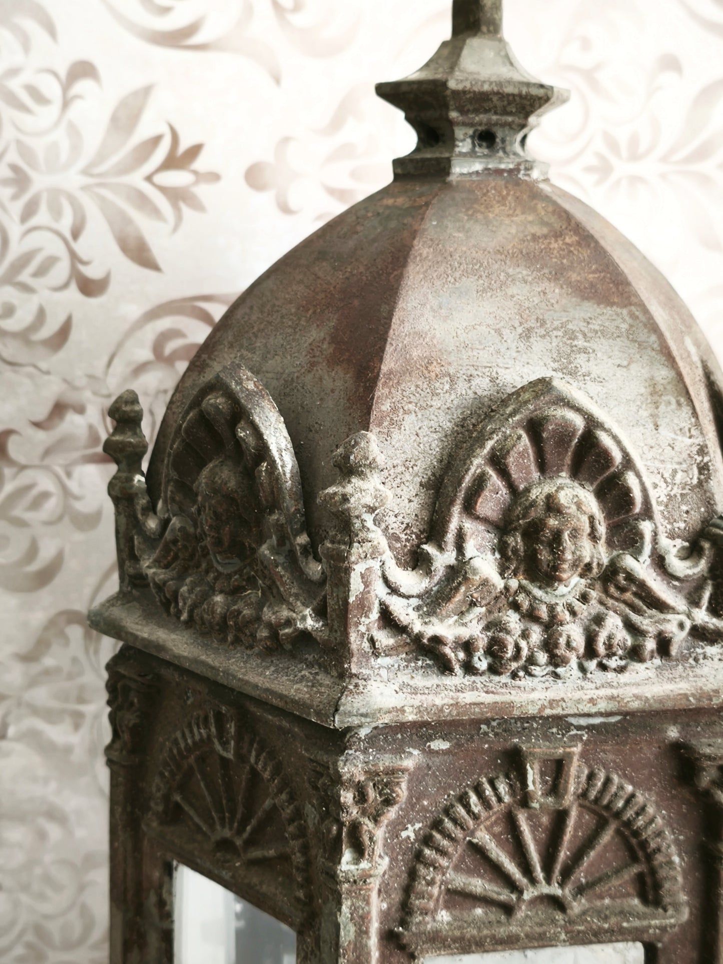Antique Metal Church Candle Lantern Frosted Glass Windows, 1850s