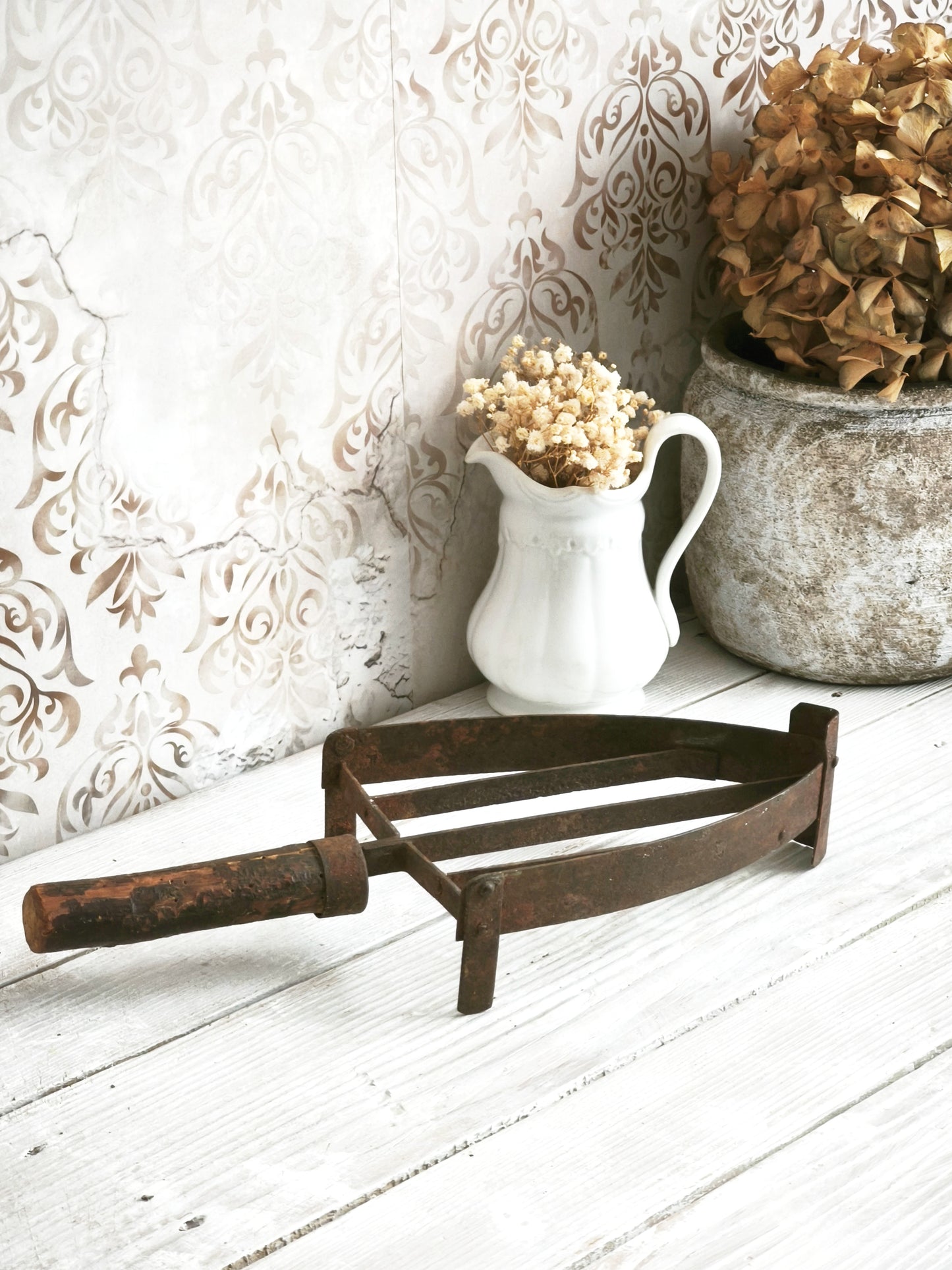 Antique Hand Forged Iron Trivet Wooden Handle