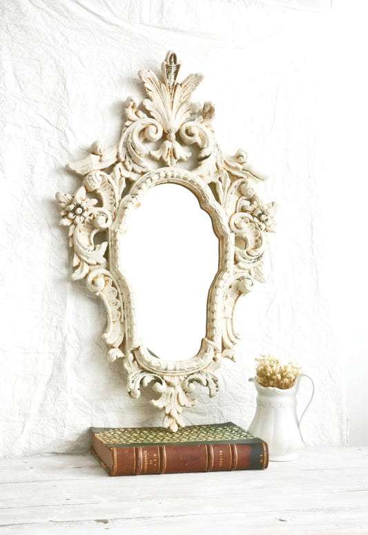 Large Carved Wood Wall Mirror, Framed Ornate Rocaille Distressed White Oval Vanity Boudoir Mirror, Statement Wall Decor