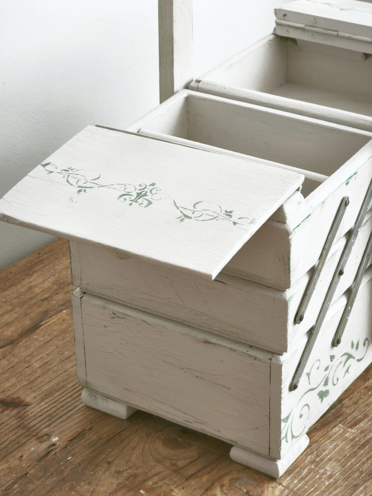 Antique Large Accordion Sewing Box: Shabby Chic Off White Wood Expandable Storage