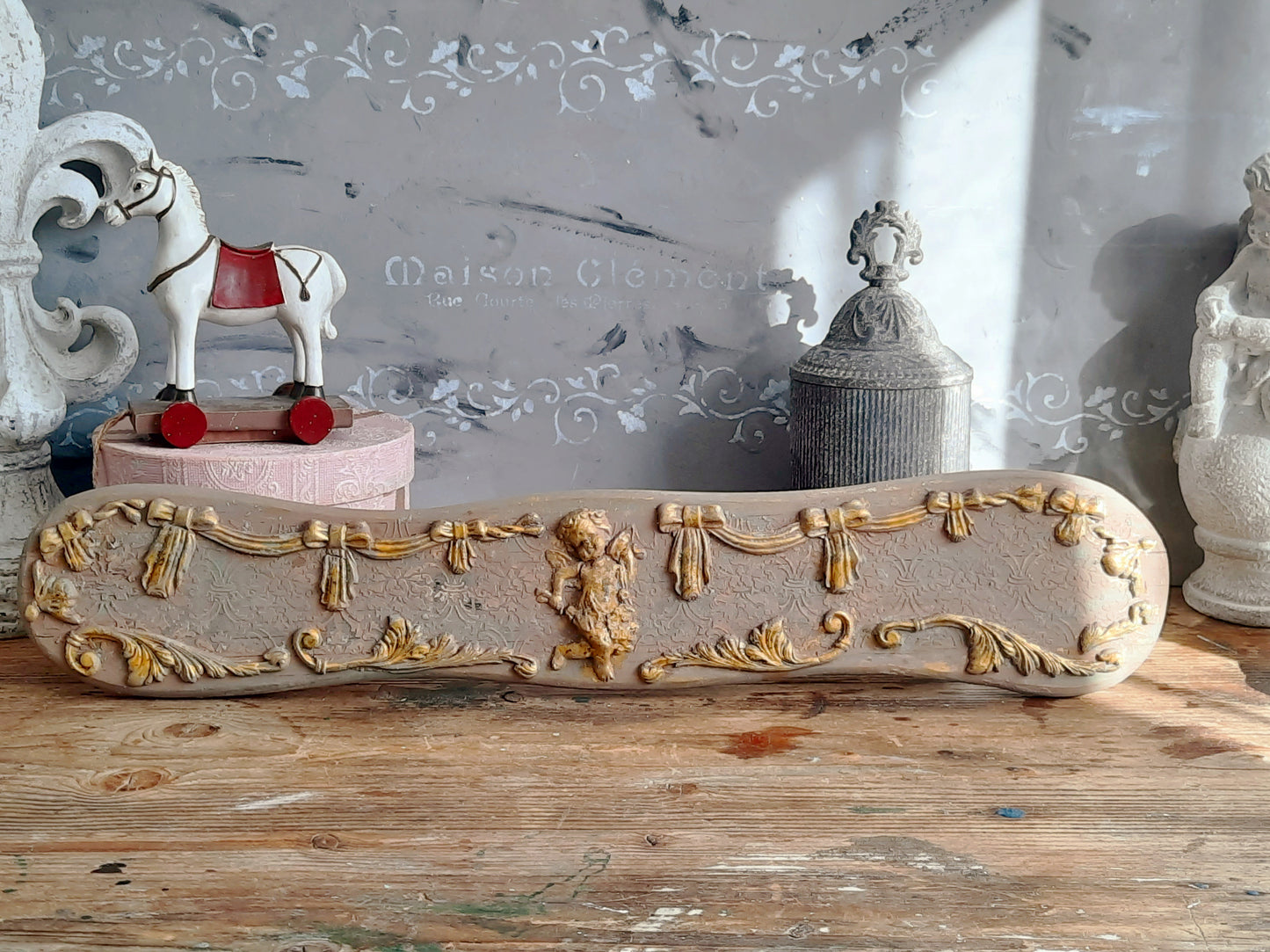 Cherubs Wood Wall Plaque, French Decor Panel Above Door